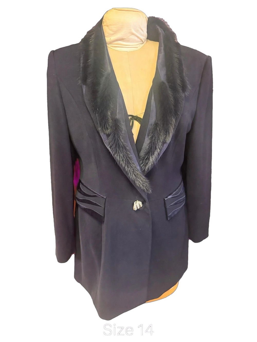 Women's Vtg Louise Ricci size 14 dyed blue Mink Fur-Trim Blazer Jacket